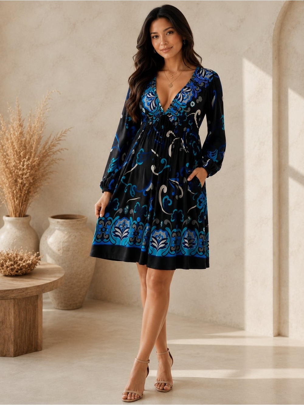 V-Neck Long Sleeve Floral Print Dress - Black & Blue size L